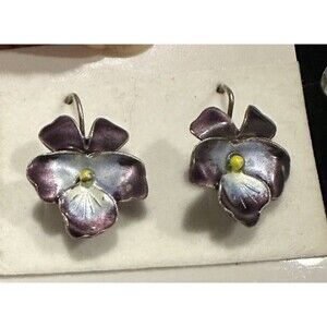 Lovely Vintage Cloisonne Guilloche Purple Violet Enamel Sterling Silver Earrings